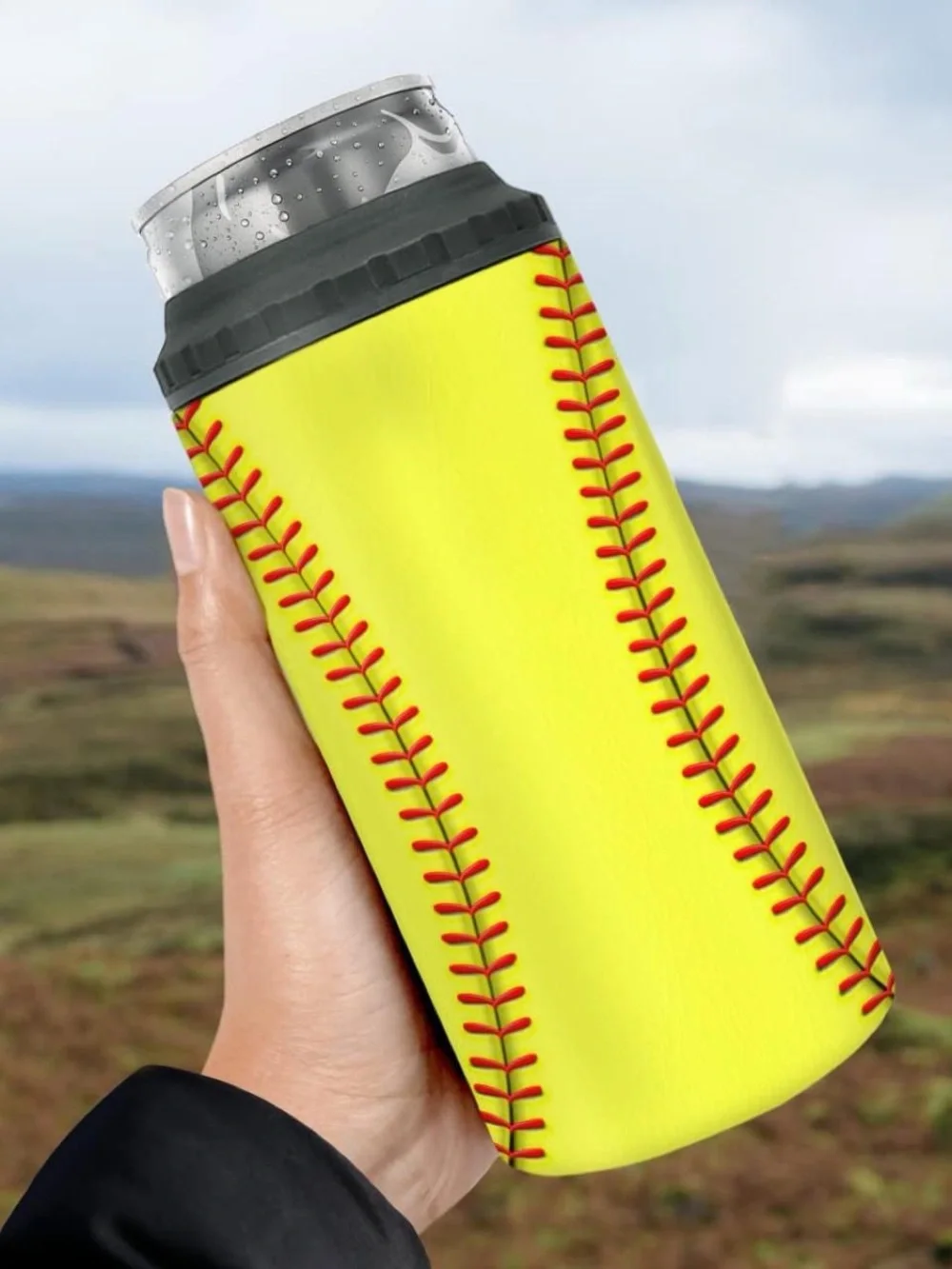 Yellow Softball Stitch insulated Can Cooler